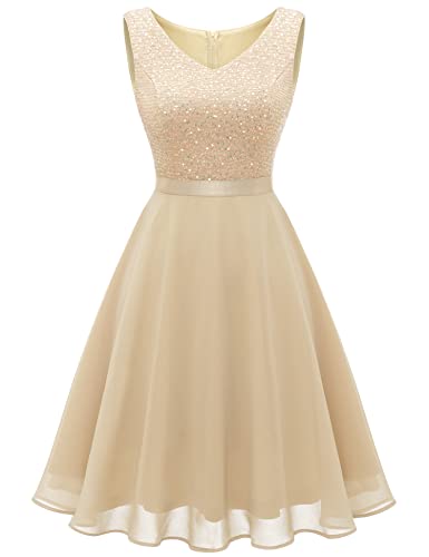 Dressystar Damen Elegant Paillettenkleid Kurz Ballkleid Cocktailkleid Hochzeit Party Brautjungfernkleid Ärmellos Champagner M von Dressystar