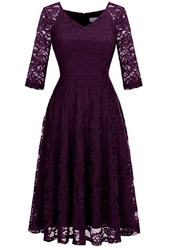 Dressystar Damen Elegant Spitzenkleid Lang Ärmel Hochzeit Festlich Midi Ballkleider Cocktailkleid Traube M von Dressystar