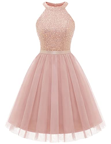 Dressystar Damen Elegant Tüllkleid Paillette Cocktailkleid Party Kleid Knielang Hochzeitsgast Ballkleid Blush XXL von Dressystar