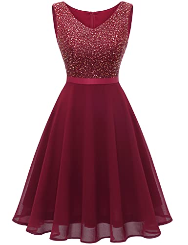 Dressystar Damen Festliche Kleider für Hochzeit Kurz Brautjungfernkleider Ärmellos Cocktailkleid Weihnachten Silvester Dunkelrot L von Dressystar