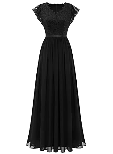 Dressystar Damen Floral Spitze Elegant Abendkleider Maxi Lang Chiffon Cocktailkleid Ballkleider Schwarz M von Dressystar