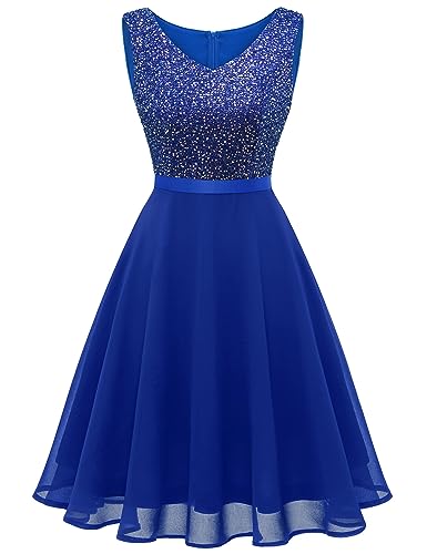 Dressystar Damen Gliter Pailletten Cocktailkleid Knielang V Ausschnitt Abschlussball A-Linien Hochzeit Gast Kleid Royalblau XXL von Dressystar