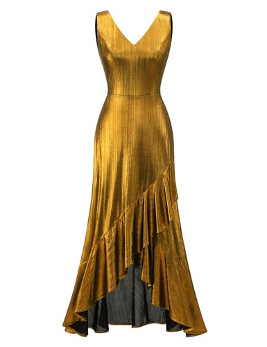 Dressystar Damen Glitzerkleid Elegant Abendkleider V-Ausschnitt Ballkleid mit Volant Festliches Partykleid Lang Golden M von Dressystar