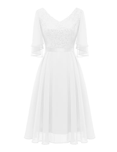 Dressystar Damen Hochzeitskleid A Linie Glitzer Kleid Damen Party Pailletten Schalärmel V-Ausschnitt Kurz Brautkleider Hochzeit Weiß S von Dressystar