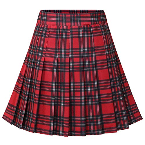 Dressystar Damen Kariert Faltenrock Schulmädchen Basic Karo Tartan Mini Gefaltet Rock Rot Schwarz Plaid XL von Dressystar