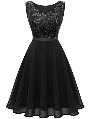 Dressystar Damen Pailletten Cocktailkleid V-Ausschnitt Jugendweihe Kleider Glitzer Festliche Abschlusskleid Partykleid Schwarz M von Dressystar