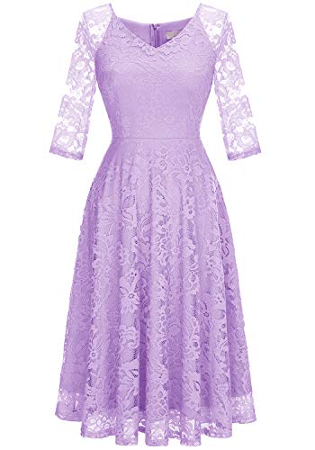 Dressystar Damen Romantisch Spitzenkleid 3/4 Ärmel Hochzeit Party Midi Abschlussball Kleider Lavendel 3XL von Dressystar