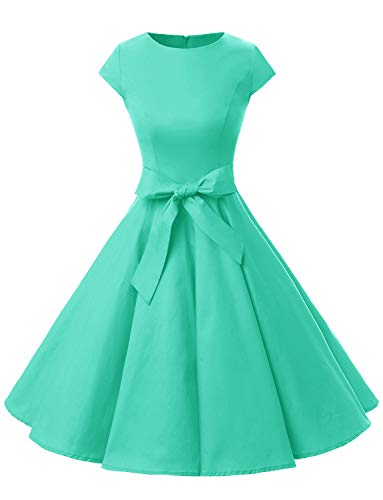 Dressystar Damen Vintage 50er Cap Sleeves Dot Einfarbig Rockabilly Swing Kleider Mint Blau XXL von Dressystar