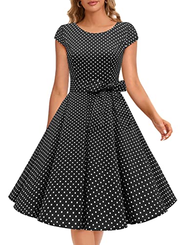 Dressystar Damen Vintage 50er Cap Sleeves Dot Einfarbig Rockabilly Swing Kleider Schwarz Weiß Dot A XXXL von Dressystar