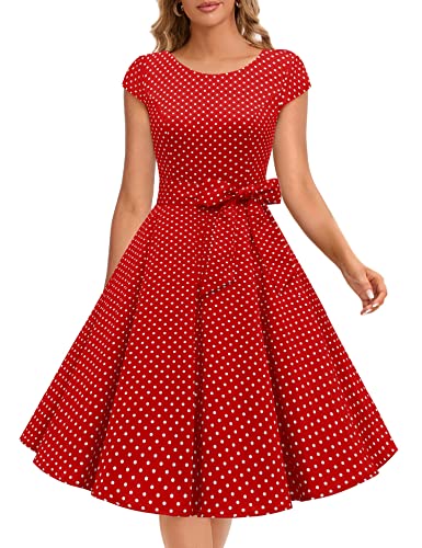 Dressystar Damen Vintage 50er Cap Sleeves Dot Einfarbig Rockabilly Swing Kleider Rot Weiß Dot A XXXL von Dressystar