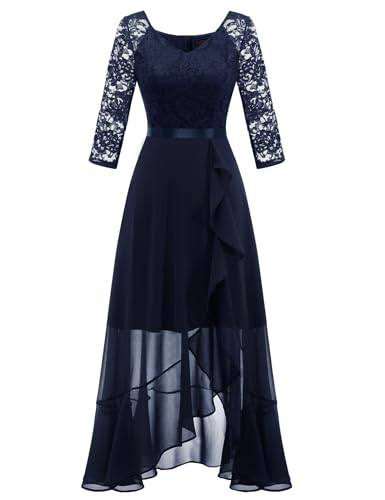 Dressystar Damen Vokuhila Abendkleid Elegant 3/4 Ärmel Cocktailkleider V-Ausschnitt Kleid Hochzeit Brautjungfernkleider Lang Marineblau M von Dressystar