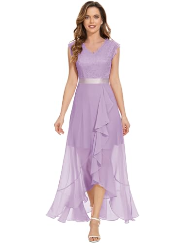 Dressystar V-Ausschnitt Abendkleid Lang Elegant für Hochzeit Hi-Lo Hochzeitsgast Maxi Floral Spitze Abschlussball Kleid Lavendel L von Dressystar