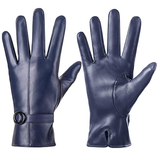 Damen Winter Lederhandschuhe Touchscreen Texting Warm Fahren Lammfell Handschuhe (Navy, M) von Dsane