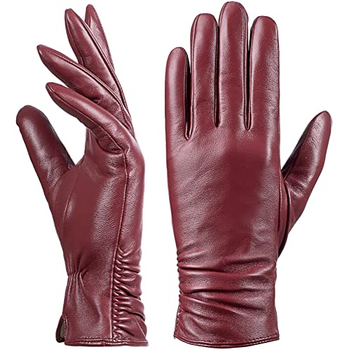 Damen Winter-Lederhandschuhe mit Touchscreen Text, warmes Lammfell, 100% reines echtes Leder (Rot, S) von Dsane