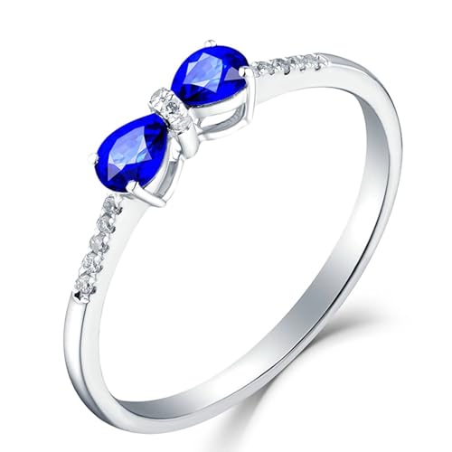 Goldring Damen 18 Karat Echtgold, Wedding Ring 750 Weißgold Schleife mit Birnenförmigem Blauem Saphir Geburtstag Geschenk für Sie Größe 65 (20.7) von Dsnyu