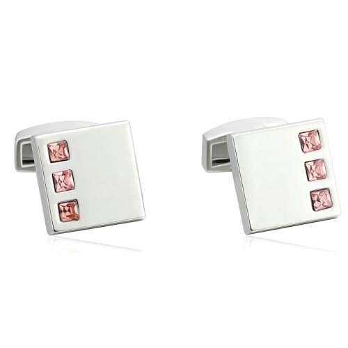 Manschettenknöpfe Edelstahl, Cufflinks Men Rosa Silber Poliertes Quadrat mit 3 Zirkonia Hemd Anzug Herren Schmuck mit Geschenkbox von Dsnyu