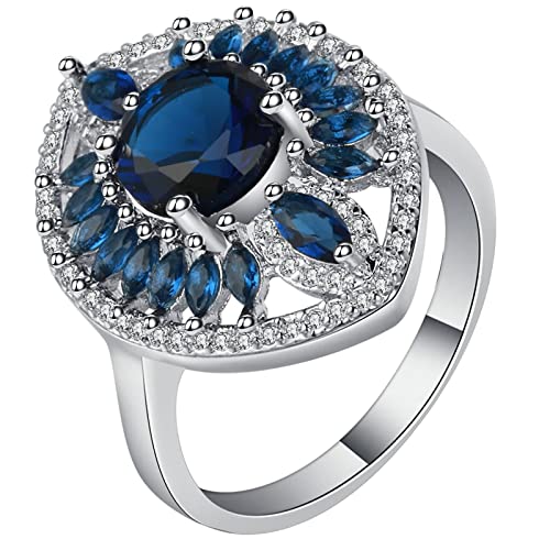 Ring Damen Silber, Promise Ring Frau Dunkelblau Sonnenblume mit Zirkonia Versilbert Schmuck Größe 54 (17.2) mit Box von Dsnyu