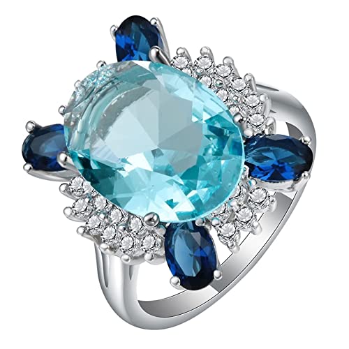 Ring Damen Zirkonia, Ring Frauen Silber Blau Ovaler und Blumenförmiger Zirkonia mit 4 Zinken Versilbert Schmuck Größe 62 (19.7) Geburtstag Geschenk von Dsnyu