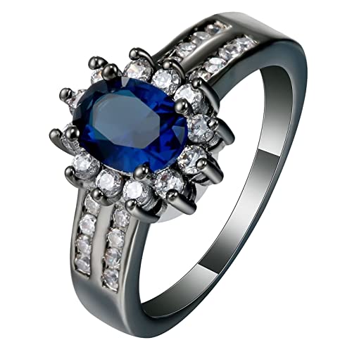 Ring Damen Zirkonia, Ringe Damen Verlobung Schwarz Blau Ovaler Kubischer Zirkon mit 4 Zinken Schmuck Größe 62 (19.7) Geburtstag Geschenk von Dsnyu