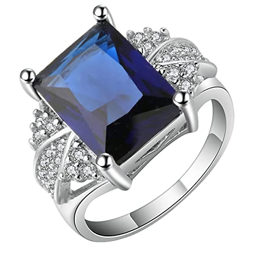 Ring Silber Damen mit Stein, Schmuck Ringe Damen Blau 4-Zackiger Rechteckiger Zirkonia Versilbert Größe 54 (17.2) Komfort Fit von Dsnyu