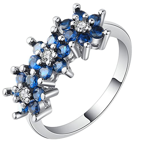 Ringe Silber Vintage, Trauringe Modern Blau mit Rundem Zirkonia In Blumenform Versilbert Damen Schmuck Größe 54 (17.2) mit Box von Dsnyu