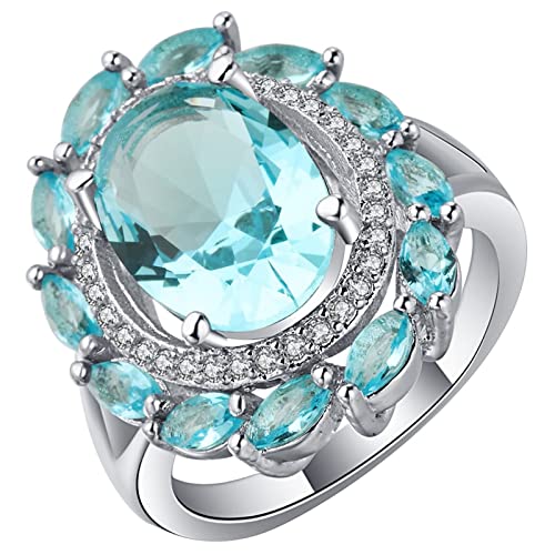 Silber Ring Damen mit Stein, Damen Ring Verlobung Hellblau Ovaler und Blumenförmiger Zirkonia mit 4 Zinken Versilbert Gr.54 (17.2) Komfort Fit von Dsnyu