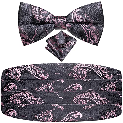 Dubulle Herren Paisley Kummerbund und Fliege Set verstellbar Kummerbund vorgebunden Fliege Hochzeit Abschlussball, Grau/Pink, Medium von Dubulle