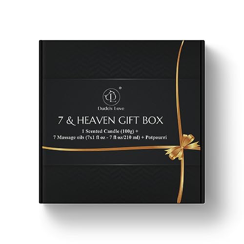 Dude's Love - 7 & Heaven Geschenkbox – Valentinstag-Geschenkset für Paare | Flitterwochen, Hochzeit, Brautparty, Jubiläum – Duftkerze, 7 aromatische Massageöle, Potpourri-Beutel von Dude's Love