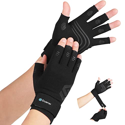 Duerer Arthritis-Kompressionshandschuhe mit Riemen, Damen Herren für RSI, Karpaltunnel, Rheuma, Sehnenscheidenentzündung, Handschmerzen, Handstütze. Fingerlose Handschuhe für Computer (Schwarz, S) von Duerer