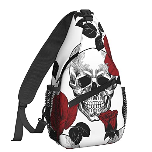 Dujiea Crossbody-Rucksack für Herren und Damen, Schultertasche, Brusttasche, Schultertasche, Ein-Gurt-Rucksack, Reisen, Wandern, Tagesrucksack, Totenkopf und rote Rosen., Einheitsgröße von Dujiea