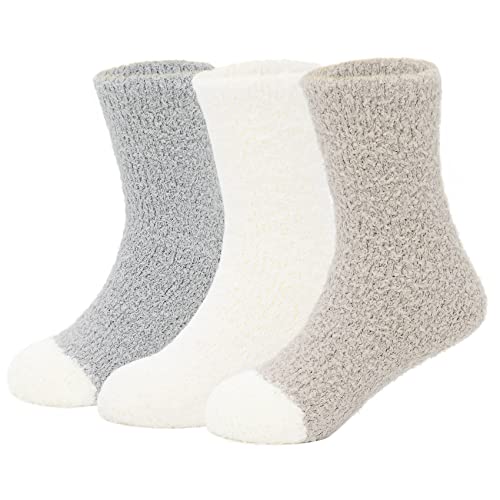 Durio Baby Socken Winter Warme Kuschelsocken Kindersocken Flauschige Stoppersocken Fleece Socken Thermosocken für Kleinkind Mädchen Jungen 3 Paare Grau Khaki u. Weiß 4-10 Jahre von Durio