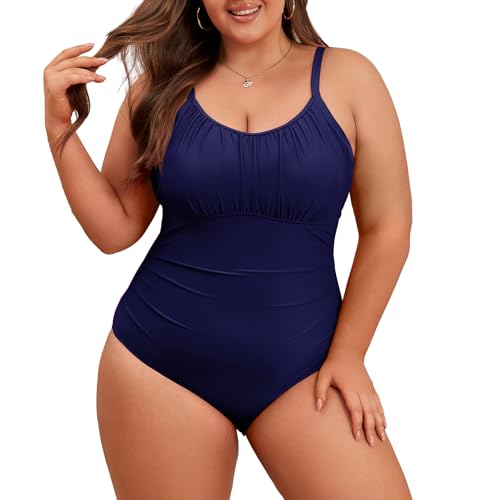 Durio Badeanzug Damen Große Größe Bauchweg Einteiler Elegant Einteilige Bademode Swimsuit Große Oberweite Marineblau 50 (Herstellergröße 4XL) von Durio