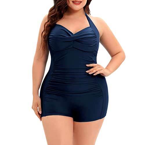 Durio Badeanzug Damen Große Größe Einteiliger Monokinis Bauchweg Bademode Swimsuit Strandmode Neckholder Push Up Twist Front Navy Blau 40-42 (Tag Size L) von Durio