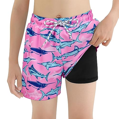 Durio Badehose Jungen, Kinder und Teenager Badeshorts Kurz Sommer Badeshorts Schnelltrocknend Boardshorts mit Netzfutter Taschen und Verstellbarem Tunnelzug Urlaub Pink Blau Hai 2XL von Durio