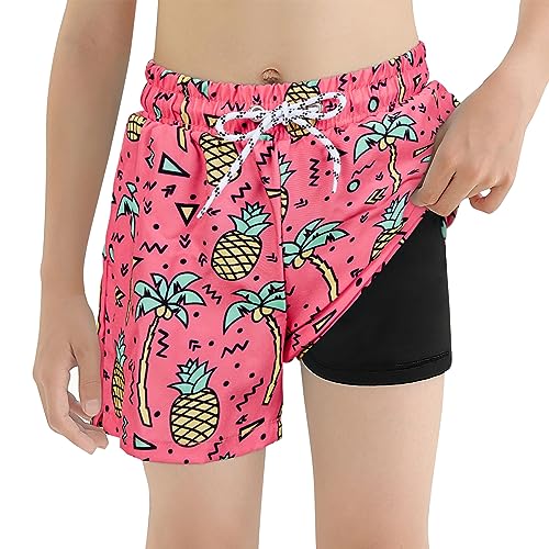 Durio Badehose Jungen, Kinder und Teenager Badeshorts Kurz Sommer Badeshorts Schnelltrocknend Boardshorts mit Netzfutter Taschen und Verstellbarem Tunnelzug Urlaub Rosa Ananas 2XL von Durio