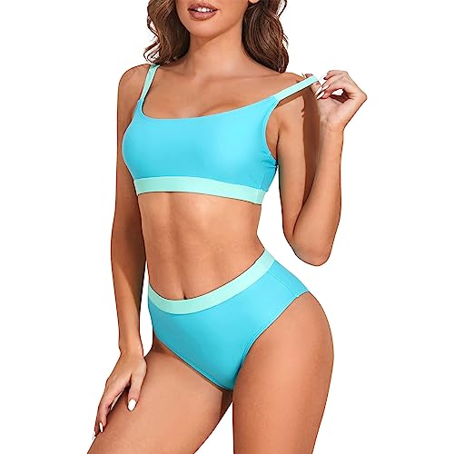 Durio Bikini Damen Bikini Set Zweiteiliger Badeanzug Bikini mit Hotpants Träger Oberteil Bikinihose Blau-Grün 44 von Durio