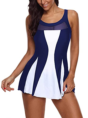 Durio Damen Badeanzug Badekleid Einteilig Tankini Bauchweg Schwimmkleid Schwimmrock Bademode Swimsuit Navy u. Weiß 36-38 Tag Size S von Durio