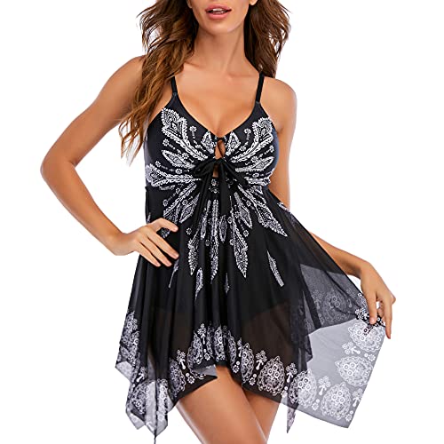 Durio Damen Badeanzug Bauchweg Tankini Set Badekleid Mit Slip Push-up Gepolstert Beachwear Einteiliger Bademode Schwarz 46-48 von Durio