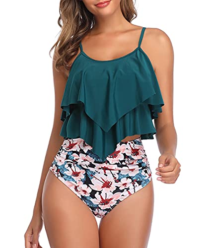 Durio Damen Bikini Set Rüschen Volant High Waist Bauchweg Bademode Zweiteiliger Badeanzug Blau-Pink 36 von Durio