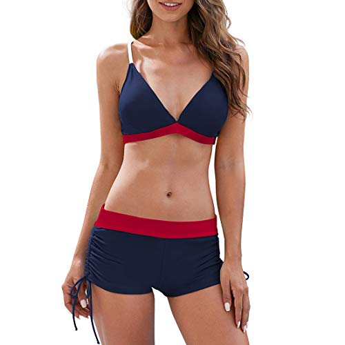 Durio Damen Bikini Set mit Hotpants Push Up BH Zweiteiliger Badeanzug Bandeau Bademode Strand Beachwear Schwimmanzug mit Badehose Blau-Rot 38 von Durio