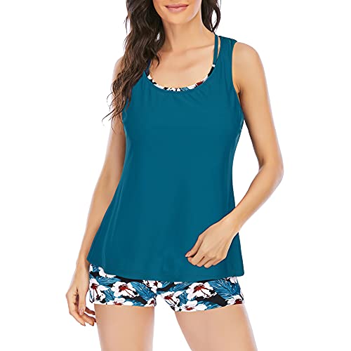 Durio Damen Tankini Set Sport Yoga Fitness Bademode 3-Teilig Tankini mit Shorts Strand Bikini Set mit Top Badeanzug Blau-Grün 38-40 von Durio