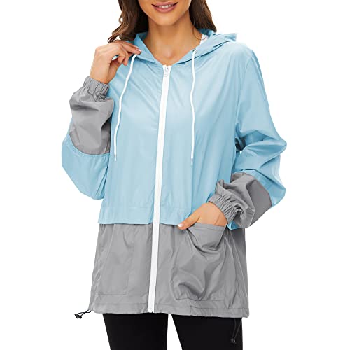 Durio Damen Wasserdichte Faltbar Regenjacke mit Kapuze Mehrfarbige leichte, atmungsaktive Windbreaker Jacke Geeignet für Wandern, Radfahren, Laufen, Camping Blau XL von Durio