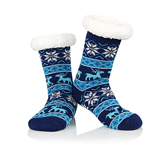 Durio Haussocken Damen Hüttensocken Innenfutter Kuschelsocken warm Winter Haussocken Anti-Rutsch Hirsch Blau von Durio