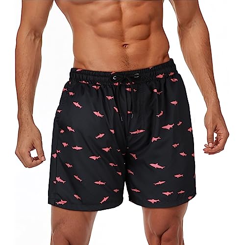 Durio Herren Badehose Schnelltrocknend Boardshorts Badeshorts Urlaub Freizeit Short Badehose für Herren Jungen Badeshorts für Männer Schwarz - Rosa Hai 2XL von Durio