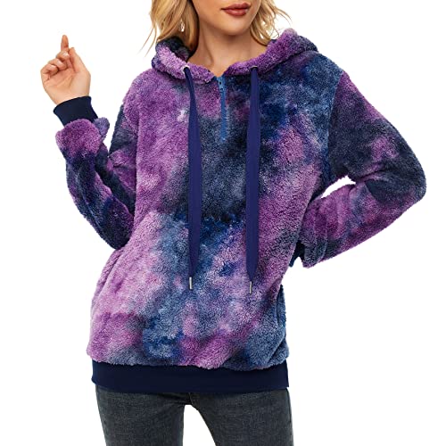 Durio Hoodie Damen Oversize Kapuzenpullover Decke Hoodie Teddy Fleece Pullover Übergroßer Sweaterpullover Winter Warm Blau u. Lila Tie Dye L von Durio