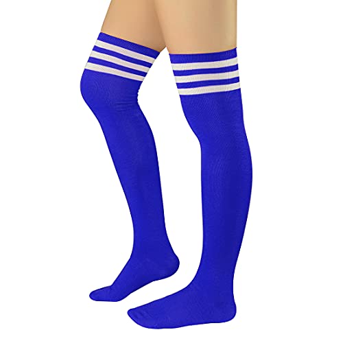 Durio Kniestrümpfe Damen Overknee Socken Lange Strümpfe Überknie Gestreift Socken Kniestrümpfe Karneval Halloween Kostüm Cosplay Kostüm Mädchen Blau mit Weiße Streifen Einheitsgröße von Durio