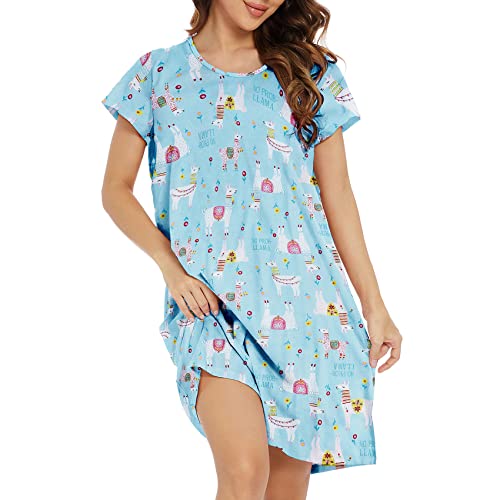 Durio Kurzarm Nachthemd Kleid Damen Mädchen Negligee für Frauen Rundhals Nachtkleid Mädchen Schlafshirt Nachtkleid Hellblau Alpaka L von Durio