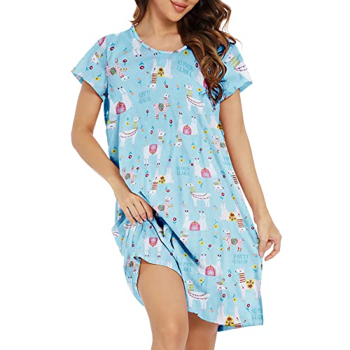 Durio Kurzarm Nachthemd Kleid Damen Mädchen Negligee für Frauen Rundhals Nachtkleid Mädchen Schlafshirt Nachtkleid Hellblau Alpaka XL von Durio