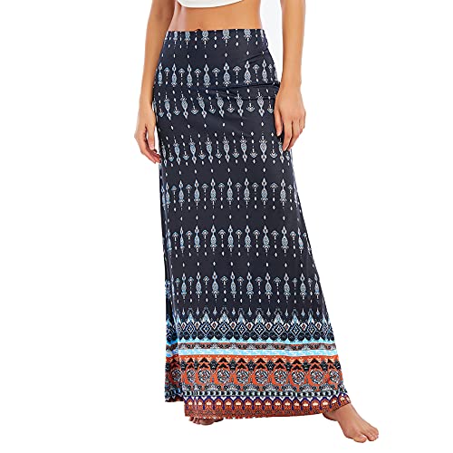 Durio Maxirock Damen Boho Rock Lang Elegant Hohe Taille Elastischer Maxi Rock Navy u. Orange Blumen L von Durio