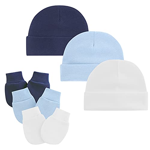 Durio Neugeborenes Babymütze und Handschuhe Set Knoten Beanie Hut Kratzfäustlinge Baby Jungen Mädchen 0-6 Monate 3er Set Weiß Hellblau und Navy von Durio